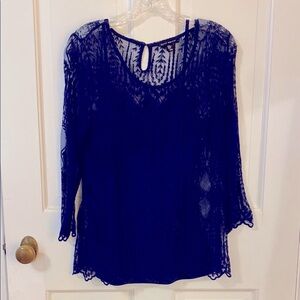 Willi Smith Navy Blue Lace 3/4 Sleeve Blouse